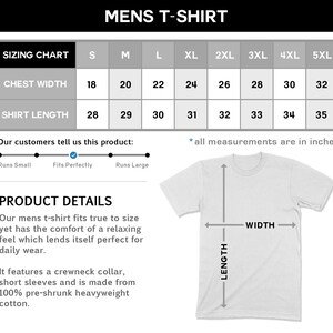 May include: Sizing chart for a t-shirt with measurements in inches for chest width and shirt length. The chart shows sizes from S to 5XL. The t-shirt is described as fitting true to size and having a relaxing feel. It features a crewneck collar and short sleeves. The t-shirt is made from 100% pre-shrunk heavyweight cotton.
