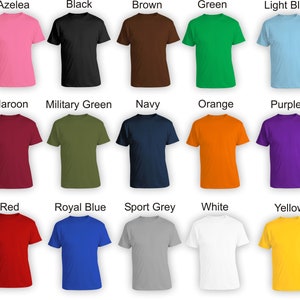 May include: A collection of 18 blank t-shirts in various colors, including azalea, black, brown, green, light blue, maroon, military green, navy, orange, purple, red, royal blue, sport grey, white, and yellow.