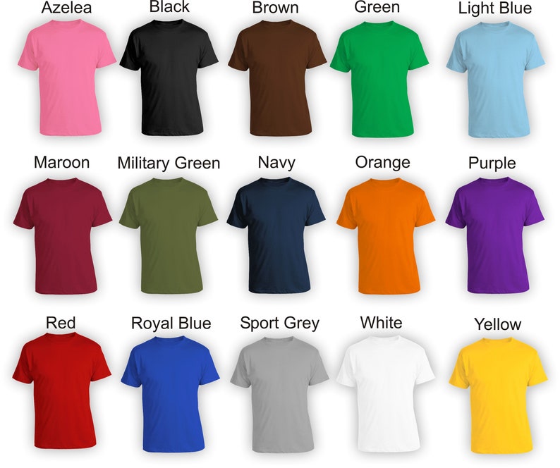 May include: A collection of 18 blank t-shirts in various colors, including azalea, black, brown, green, light blue, maroon, military green, navy, orange, purple, red, royal blue, sport grey, white, and yellow.