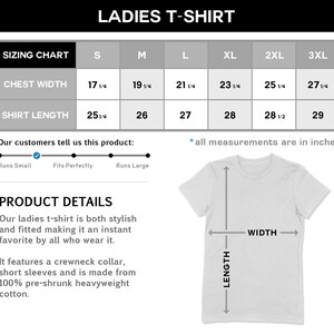 May include: A sizing chart for a ladies t-shirt with measurements in inches for chest width and shirt length. The chart shows sizes from small to 3XL. The chart also includes a product details section describing the t-shirt as stylish and fitted, made from 100% pre-shrunk heavyweight cotton.