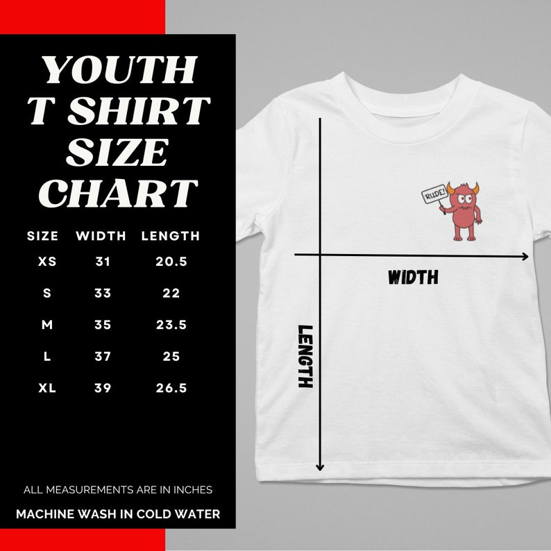 May include: Youth t-shirt size chart with measurements in inches. The chart shows the width and length of the shirt in inches for sizes XS, S, M, L, and XL. The chart is on a white background with red text.