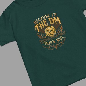 May include: A green t-shirt with a gold design that says "Because I'm the DM That's Why." The design features a 20-sided die.