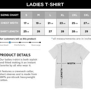 May include: White ladies t-shirt with sizing chart. The chart shows chest width from 43.8 cm to 69.2 cm and shirt length from 64.1 cm to 73.7 cm. The product details state the shirt has a crewneck collar and short sleeves.