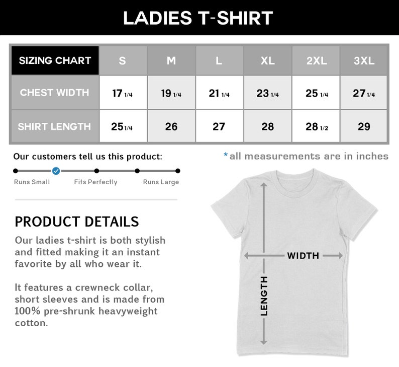 May include: White ladies t-shirt with sizing chart. The chart shows chest width from 43.8 cm to 69.2 cm and shirt length from 64.1 cm to 73.7 cm. The product details state the shirt has a crewneck collar and short sleeves.