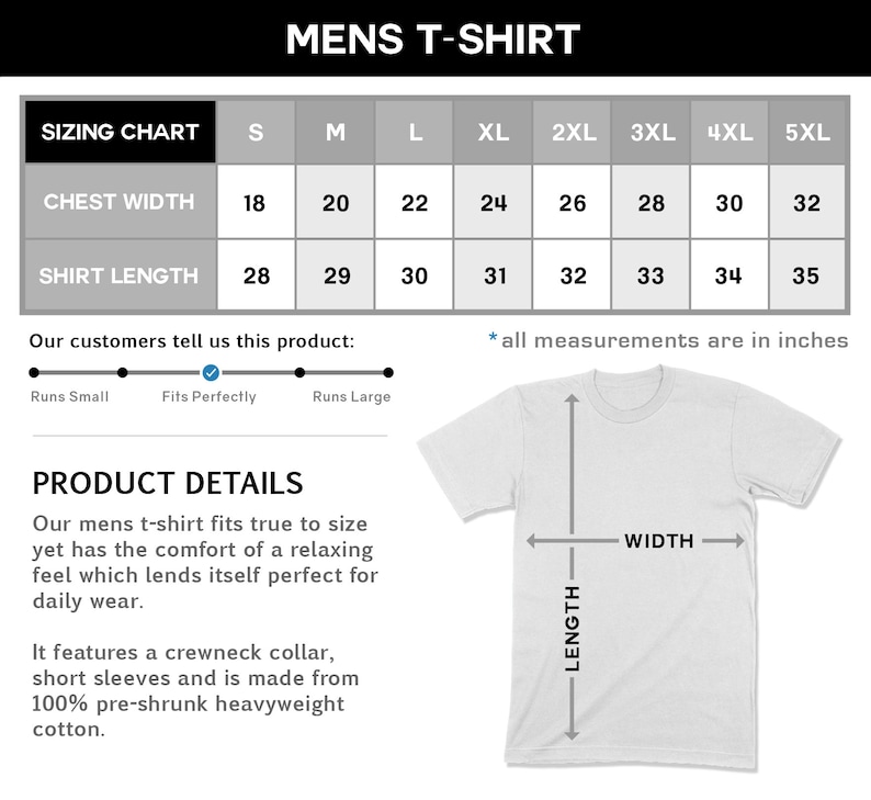 May include: White t-shirt with sizing chart. Chest width ranges from 45.7 to 81.3 cm, shirt length from 71.1 to 88.9 cm. Features a crewneck collar and short sleeves. Made from 100% pre-shrunk heavyweight cotton.