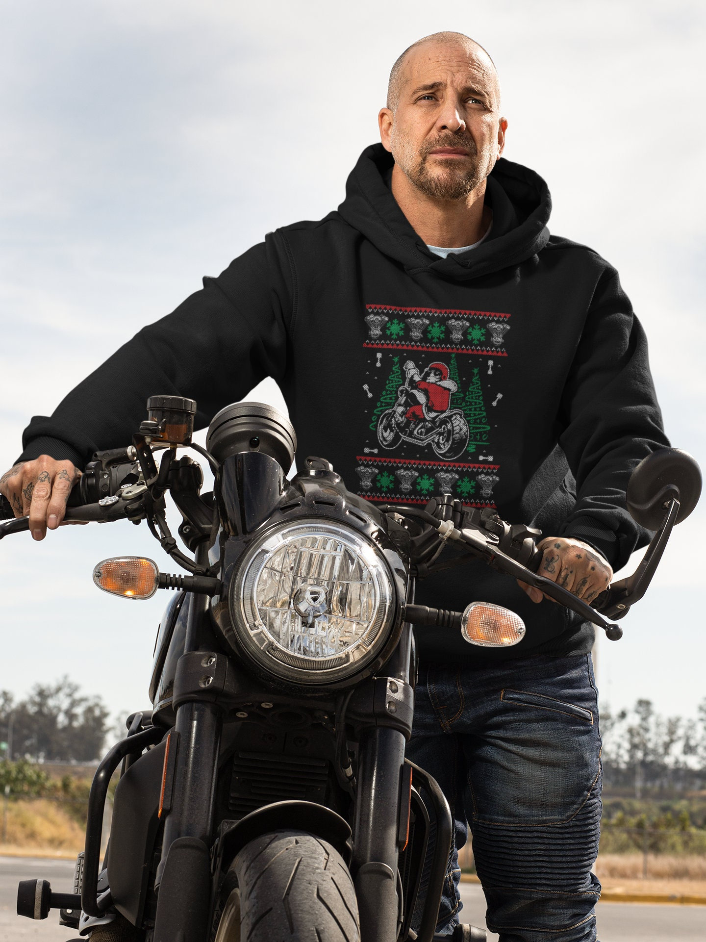 Sweat à Capuche Homme Noël Motif Père Noël Motard 3D - Pull De Noël Humoristique Et Décalé (Rouge, Vert, Bleu) - 3