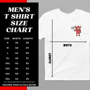 May include: A size chart for a t-shirt with measurements in inches. The chart shows the width and length of the shirt in inches for sizes S through 5XL. The chart also includes the text "RUDE!" in a speech bubble above a cartoon monster.