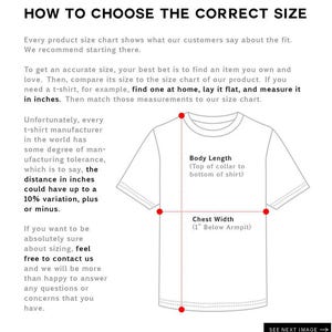 May include: Diagram showing how to measure a t-shirt for size. The diagram shows a white t-shirt with red dots marking the points to measure for body length and chest width. The text explains how to measure a t-shirt at home and how to compare those measurements to the size chart.