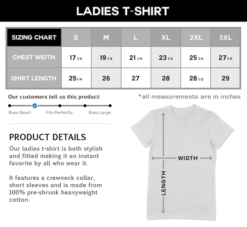 Op de afbeelding: Een maattabel voor een dames T-shirt met maten in inches voor de borstbreedte en de lengte van het shirt. De tabel toont maten van S tot 3XL. De tabel bevat ook een sectie met productdetails die het T-shirt beschrijft als stijlvol en aansluitend, gemaakt van 100% voorgeshronken, zwaargewicht katoen.