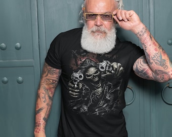 Camiseta de la Parca, camiseta de la Parca, camiseta de calavera, esqueleto con armas, camisetas de Halloween, camisetas de terror, camiseta de calavera para hombre TH878