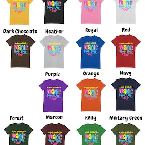 May include: A set of 16 t-shirts in various colors featuring the text "Just another manic mom day" in a colorful, playful font.