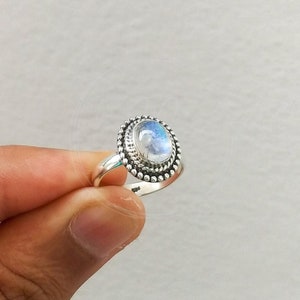 Natural Rainbow Moonstone Ring: 925 Sterling Silver, Boho Style