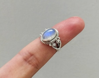 Bague pierre de lune arc-en-ciel naturelle, bague en argent sterling massif 925, bague pierre de lune ovale, bague pierre de lune feu bleu, bague pour femme, bague bohème