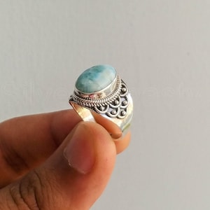 Handmade Oval Larimar Ring: 925 Sterling Silver Boho Gemstone