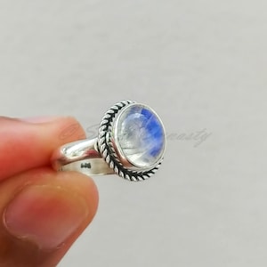 Rainbow Moonstone Ring: Oval Boho Sterling Silver Ring