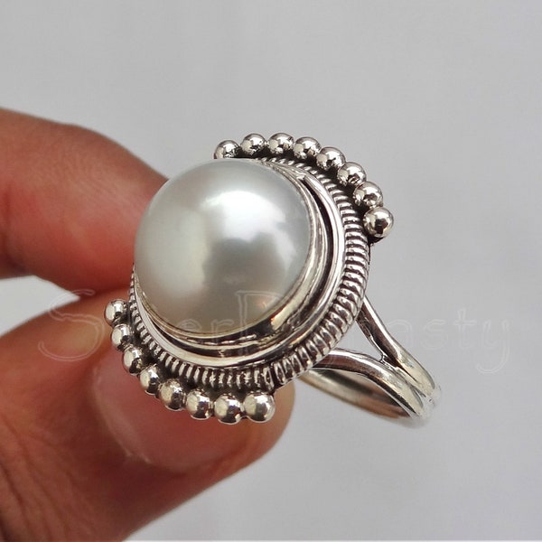 Handmade Sterling Silver Pearl Ring: 8mm Gemstone
