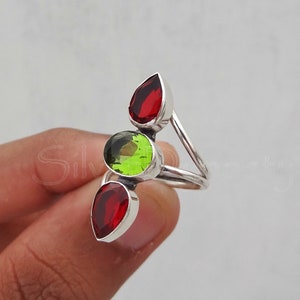 Natural Peridot and Garnet Ring, Handmade Silver Ring, 925 Solid Sterling Silver Ring, Multistone Ring, Garnet Ring, Peridot Ring, Boho Ring