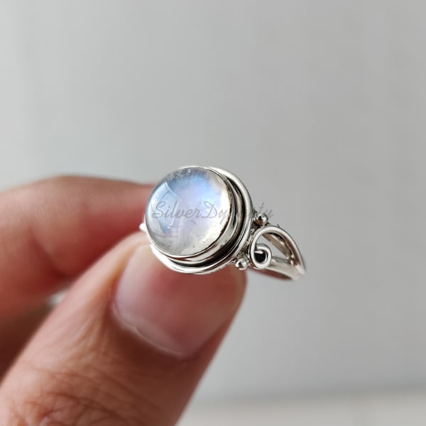 Rainbow Moonstone Ring: Round Sterling Silver Boho Ring