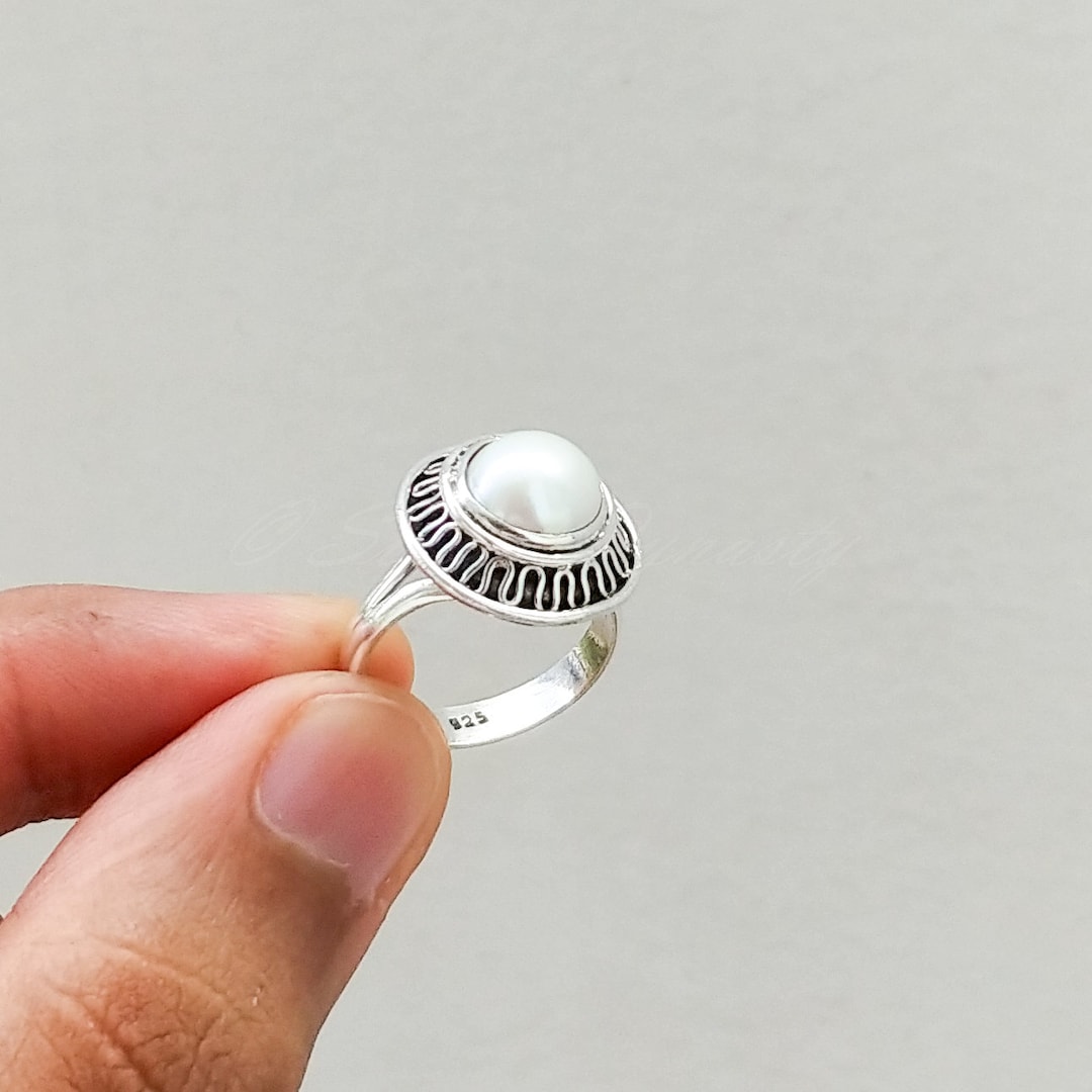 Freshwater Pearl 925 Silver Ring(サイズ調節リング, 2 COLOR) Pearl Ring, 925 Sterling Silver Ring, Round Pearl Ring