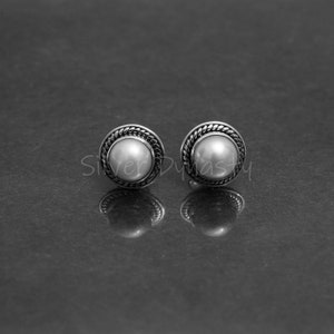 Handmade Sterling Silver Pearl Stud Earrings: Round 925 Silver