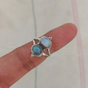 Regenbogen Mondstein & Labradorit Ring: Handgemachter Boho Ring aus Sterlingsilber
