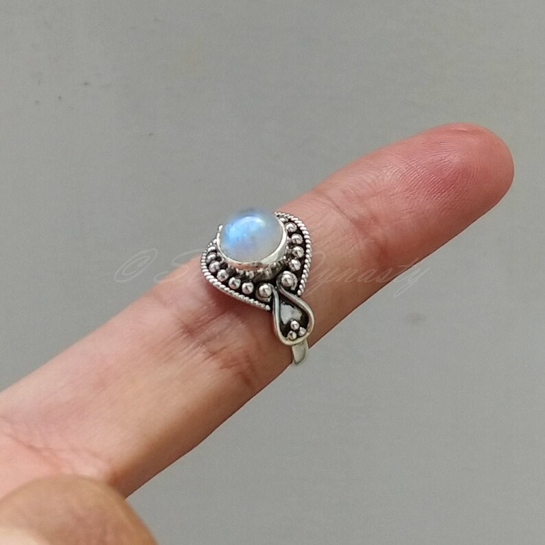 Round Moonstone Ring Blue Fire Moonstone Ring 925 Solid Sterling Silver Ring Anniversary Gift Silver Boho Ring Rainbow Moonstone Ring