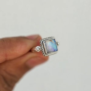 Handmade Square Rainbow Moonstone Ring: 925 Sterling Silver Boho Ring