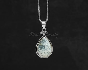 Teardrop Dendritic Opal Pendant: Handmade Sterling Silver