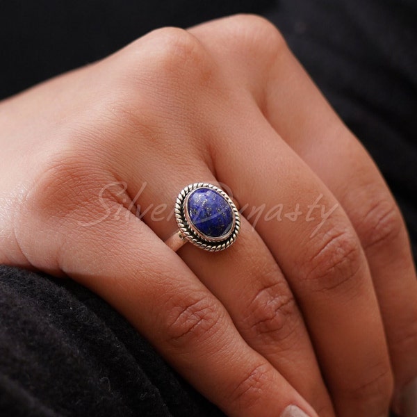 Bague en lapis lazuli naturel, bague en argent sterling à 92,5%, bague en lapis argentée, bague en pierres précieuses, bague en argent sterling massif 925, bague minimaliste