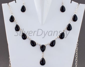 Black Onyx Necklace & Earrings Set: 925 Sterling Silver, Handmade