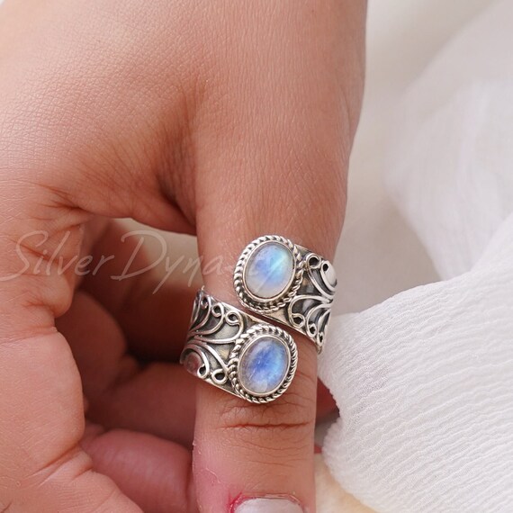 Rainbow Moonstone Silver Oval Ring