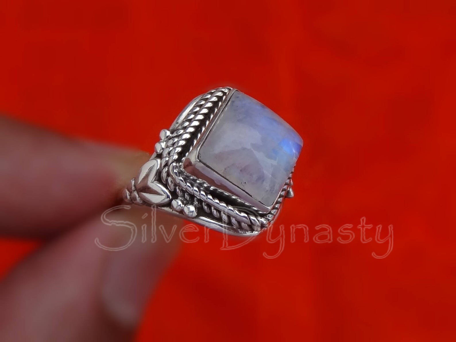 •RAINBOW MOONSTONE - LARGE SOFT SQUARE• silver ring (size 11.25)