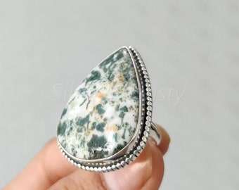 Handmade Pear Tree Agate Ring: Sterling Silver Big Stone Ring