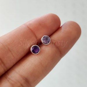 Natural Amethyst Stud Earrings: 925 Sterling Silver, Handmade