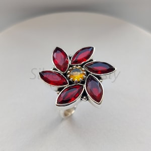 Garnet and Citrine Ring: Sterling Silver Floral Cluster, Handmade Boho Jewelry