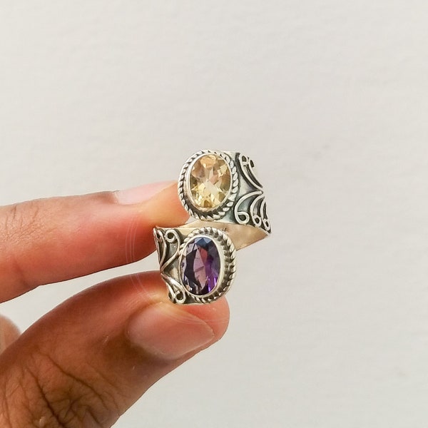 Natural Amethyst and Citrine Ring, 925 Solid Sterling Silver Ring, Rings for Women, Handmade Silver Ring, Two Stone Ring, Birthstone Ring