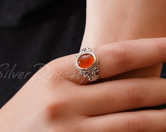 Natural Carnelian Ring, 925 Sterling Silver Ring, Sterling Silver Ring for Women, Gemstone Boho Ring, Bohemian Jewelry, Handmade Silver Ring