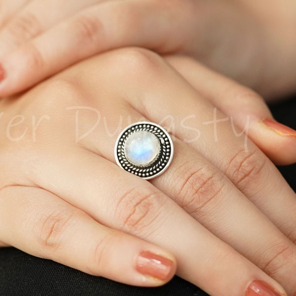 Rainbow Moonstone Ring: 925 Sterling Silver Boho Gemstone