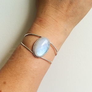 Rainbow Moonstone Cuff Bracelet: Handmade 925 Sterling Silver Adjustable Bangle