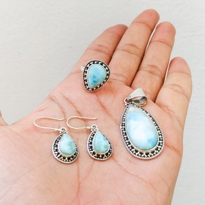 Natural Larimar Jewelry Set, Jewelry Set, Larimar Pendant/Ring/Earrings,Sterling Silver Jewelry Set, silver wedding jewelry