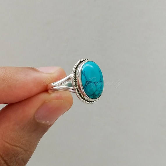 Long Oval Blue Copper Turquoise Sterling Silver Ring, Statement Ring, – Its  Ambra