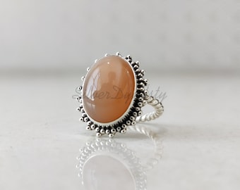 Natural Pink Moonstone Ring, Moonstone Ring, 925 Solid Sterling Silver Ring, Boho Ring, Handmade Silver Ring, Oval Moonstone Ring, Moonstone