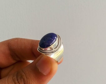 Handmade Oval Lapis Lazuli Ring: 925 Sterling Silver Boho Ring
