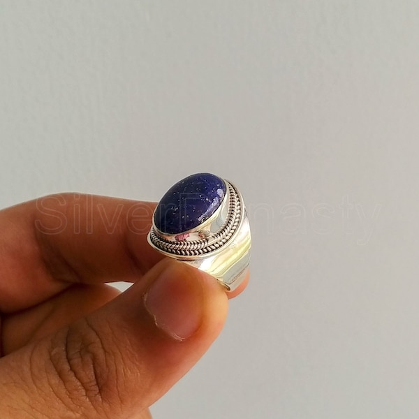 Bague en lapis lazuli naturel, bague faite main, bague en argent sterling à 92,5%, bague en lapis argent, bague en lapis, bague bohème, bague pour femme, bague ovale