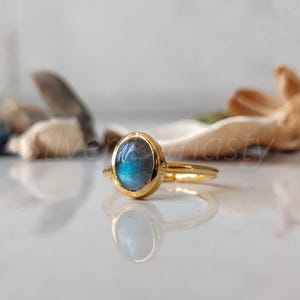 Natural Labradorite Ring, 18K Gold Plated Ring with 925 Sterling Silver , Handmade Jewelry, Minimalist Gold Ring, Gift For Her