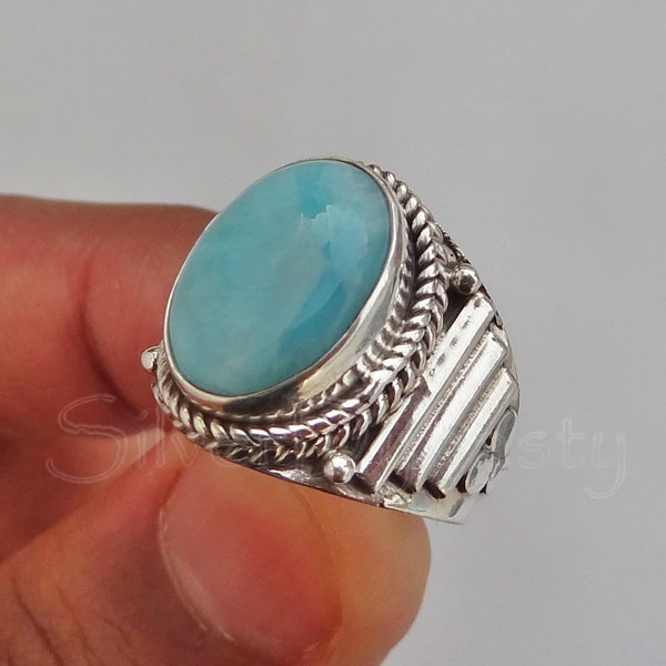 Bague en pierre précieuse de larimar, bague en larimar pour homme, bague pour homme, bague faite main, bague en argent sterling à 92,5%, bague en argent larimar, bague en argent sterling