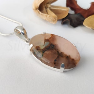 Handmade Oval Moss Agate Pendant: 925 Sterling Silver Necklace