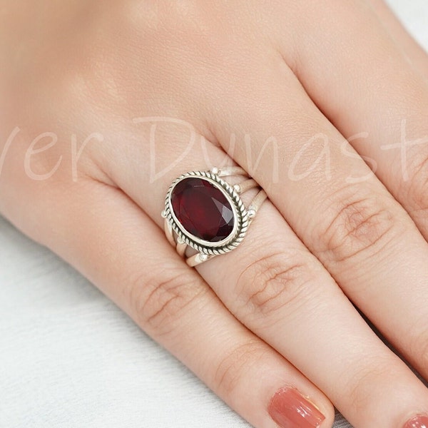 Natural Garnet Ring, 925 Solid Sterling Silver Ring, Silver Garnet Ring, Oval Garnet Ring, Rings for Women, Handmade Ring, Boho Ring