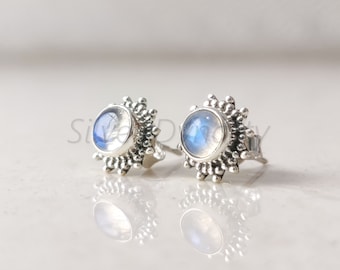925-Sterling Solid Silver Earring Natural Rainbow Moonstone Earring Beautiful Gemstone Cabochon Stone Earring Birthday Earring Gift For Her.