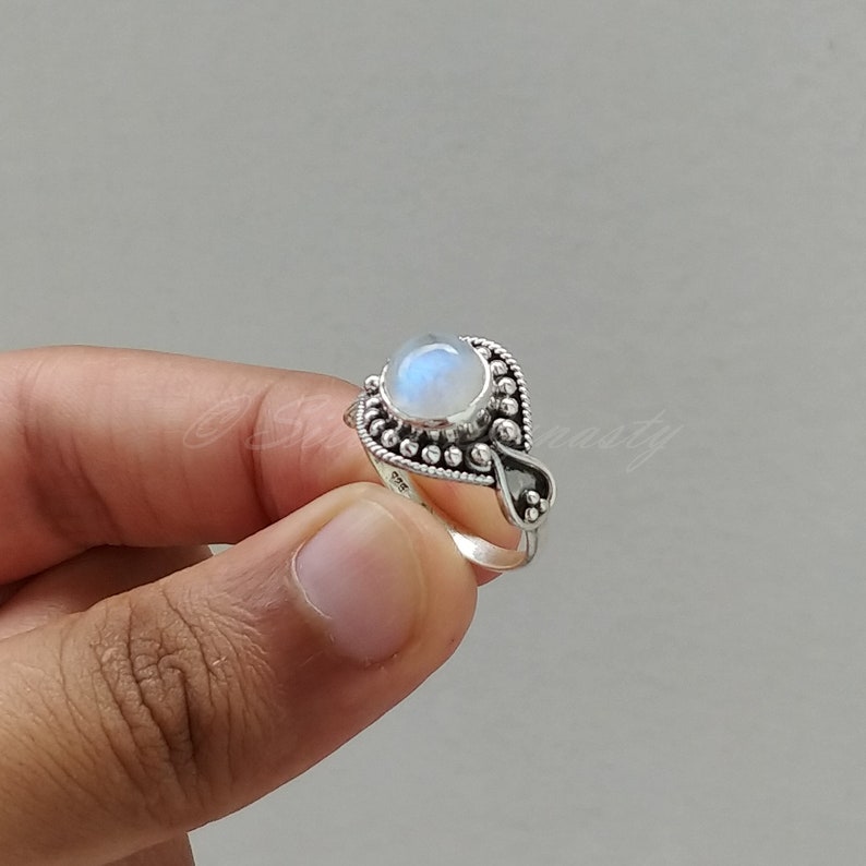 Round Moonstone Ring Blue Fire Moonstone Ring 925 Solid Sterling Silver Ring Anniversary Gift Silver Boho Ring Rainbow Moonstone Ring